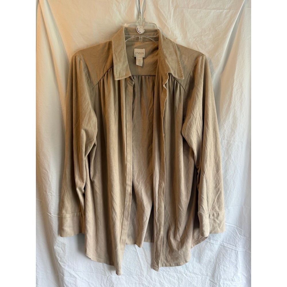 Chicos Faux Suede Button Down Shirt Tan Beige Long Sleeve Blouse Womens Size 2 L